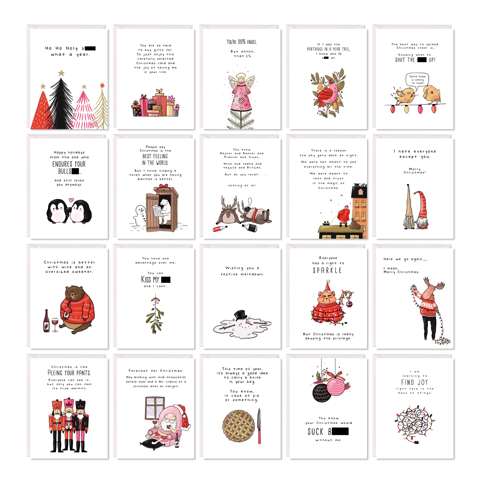 Christmas Card Pack Funny & Sarcastic – 20 Festive Greeting Cards, Xmas Multipack, Blank Inside, for Friends, Family, Secret Santa, Colleagues (20 Cards - White Funny & Sarcastic - 1 of each design)