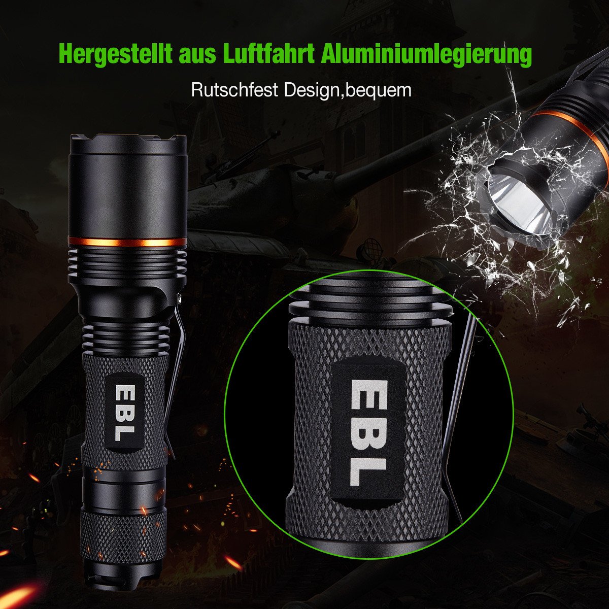 EBL Superhell CREE LED Taschenlampe 6 Modi Erstellbar USB Ladebar Wasserdicht Taschenlampe für Indoor Outdoor inkl. 2 Stück 3000mAh Wiederaufladbar Li-ionen Akku 18650