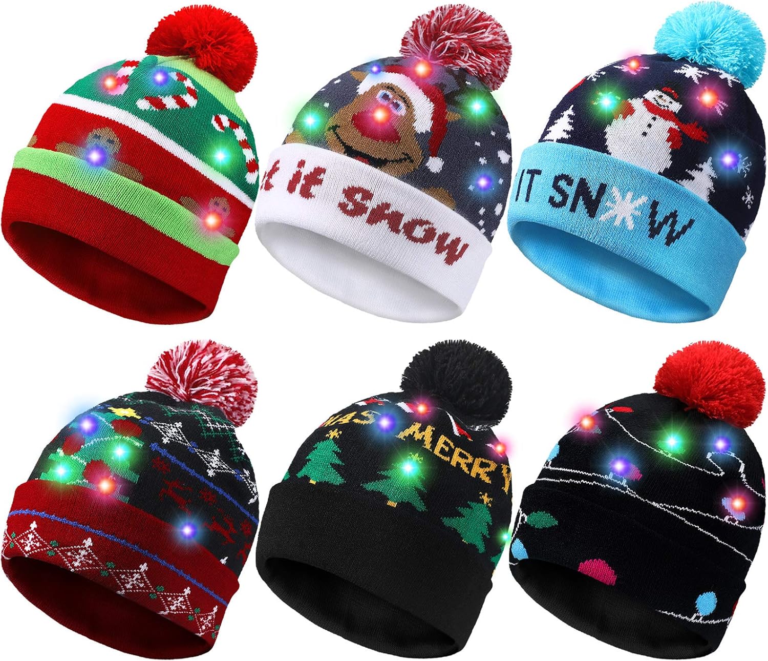 Geyoga 6 Pieces LED Christmas Hat LED Lights Sweater Hat Unisex Winter Beanie Knit Cap with 6 Colorful LED Lights for Christmas Holiday Party Supplies at  Women’s Clothing store