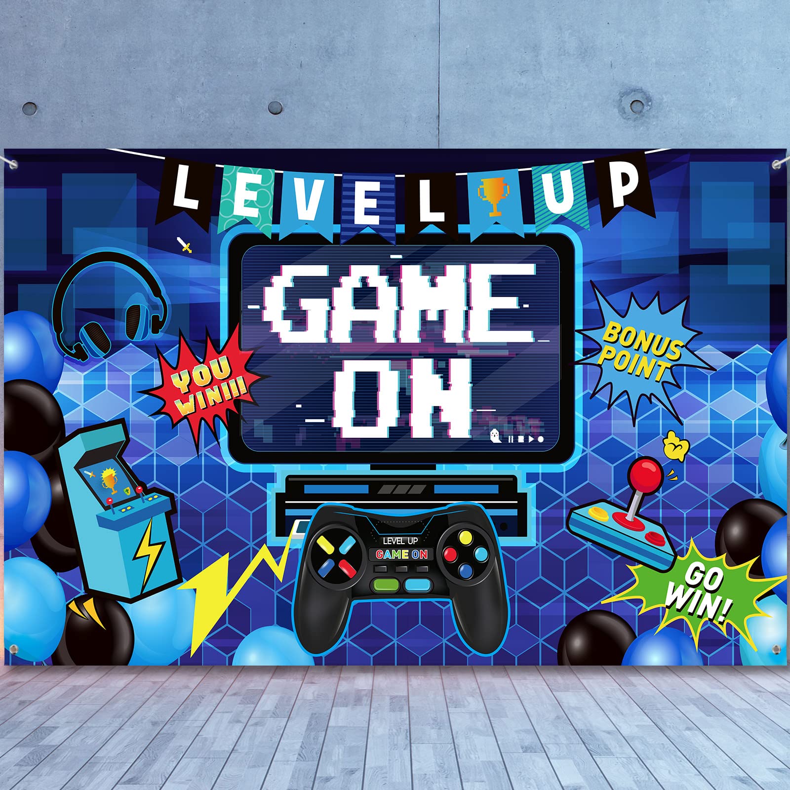 Photo 1 of Blulu Video Game Party Decoration Video Gaming Photo Backdrop Background Birthday Photo Banner Gamer Room Decor for Game Fans Video Gamer Party Decoration Supplies (70.9 x 43.3 Inch)