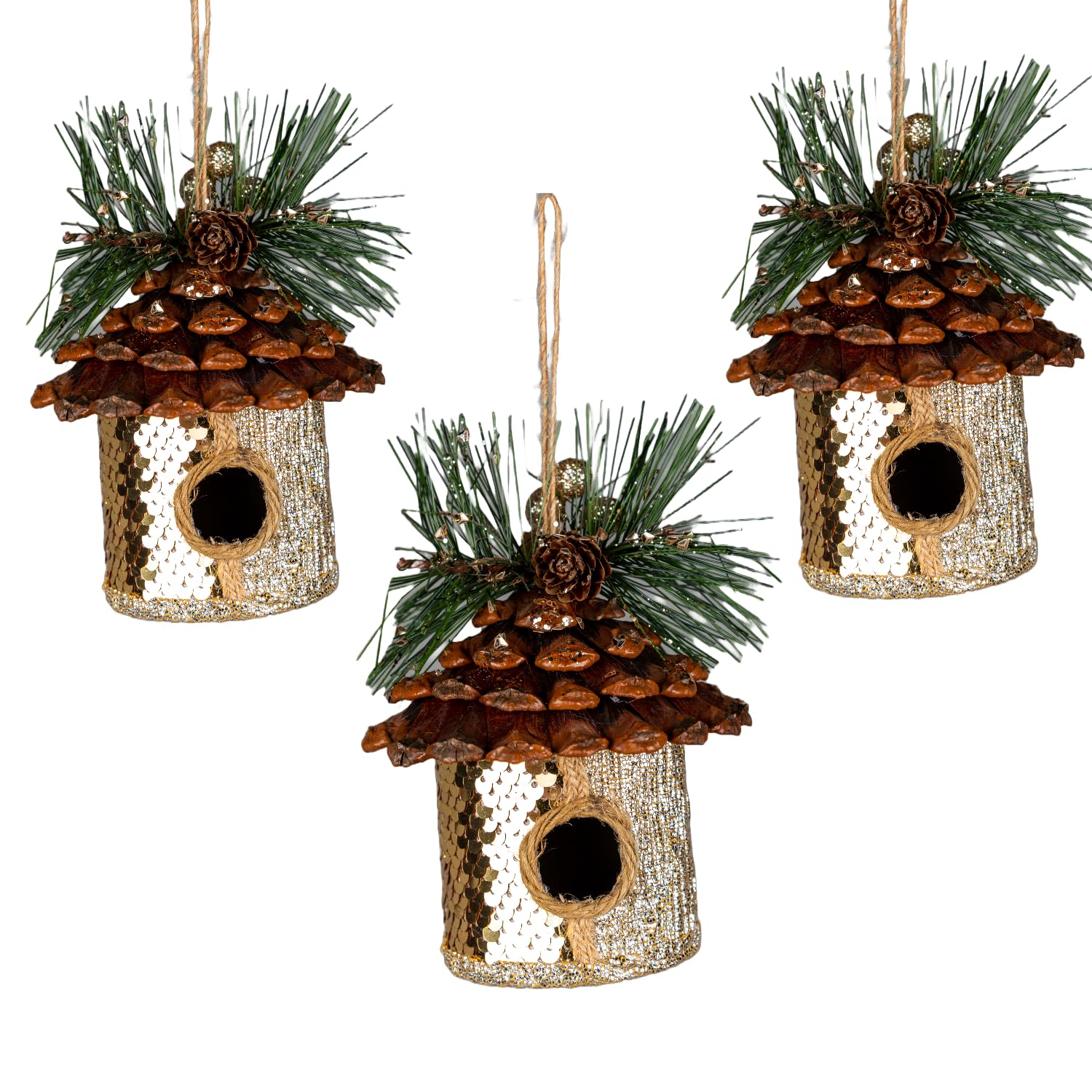 3Pcs Gold Sequin Birdhouse 10x11cm - Christmas Tree Hanging Decorations Festive Decorative Ornaments Fairy Tale Themed Xmas Tree Pendant
