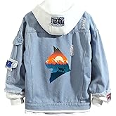 Lapus Cat Denim Hoodie False Two Pieces Denim Jacket Coats Button Down Hoodie Sweatshirts for Women Men