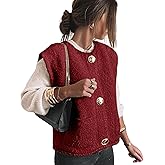 Aedceal Womens Fleece Sweater Vest Casual Sleeveless Button Down Knit Gilet Outerwear Cardigan with Pockets(Red-S)