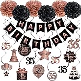 BRT Bearingshui Happy 35th Birthday Hanging Swirls Streamers Decoration, Happy Birthday Banner with Tissue Pompoms, Rose Gold and Black 35 Years Old Birthday Party Hanging Backdrop Decorations