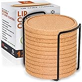 Cork Coasters with Lip for Drinks Absorbent | 12 Set 4 Inch Thick Rustic Saucer with Metal Holder Heat & Water Resistant | Best Reusable Natural Round Coasters for Bar Glass Cup Table