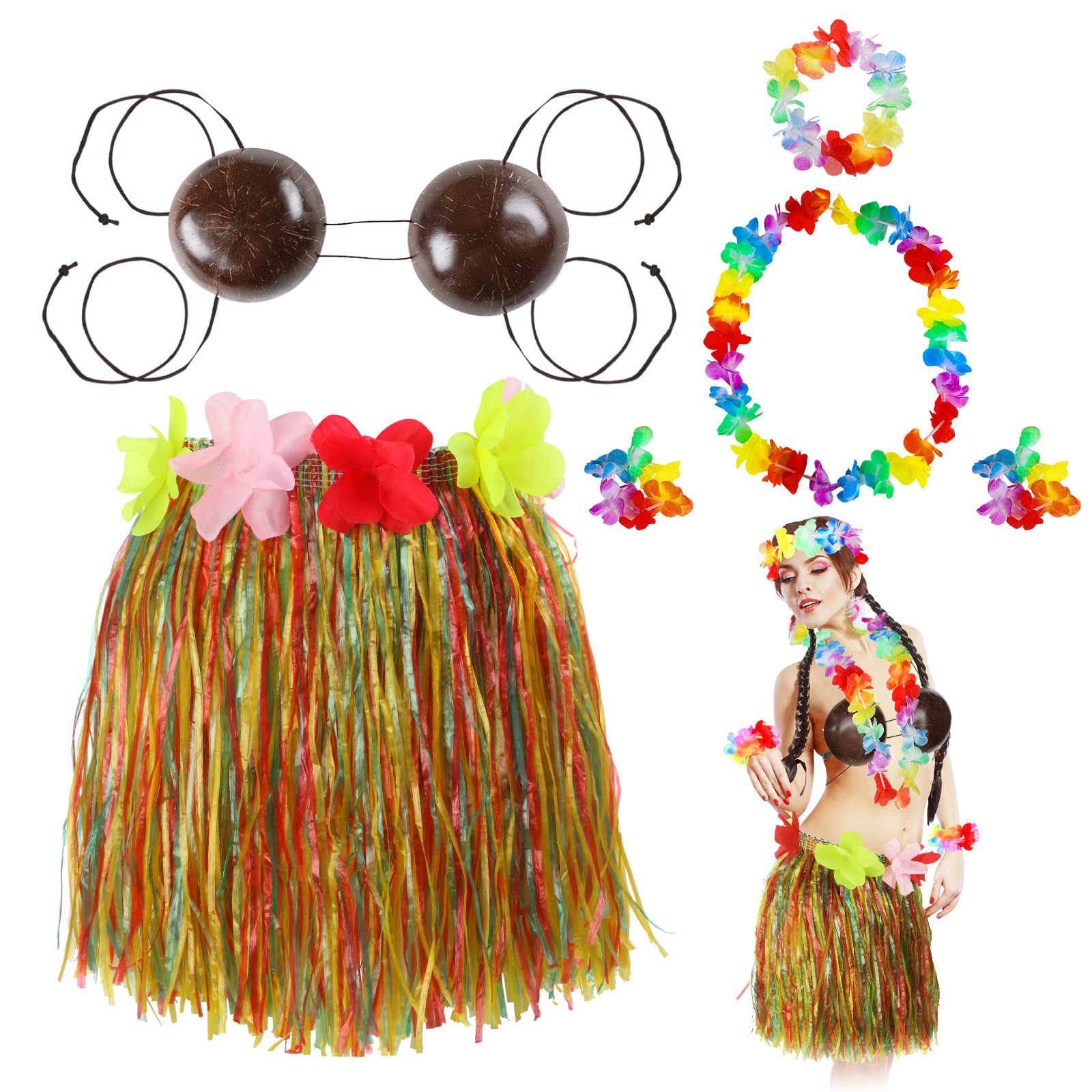 Tigeen 6 Pcs Coconut Bra Hawaiian Grass Hula Skirt Costume Set Dance Leis Outfit for Women Luau Party Supplies, Colorful, One Size