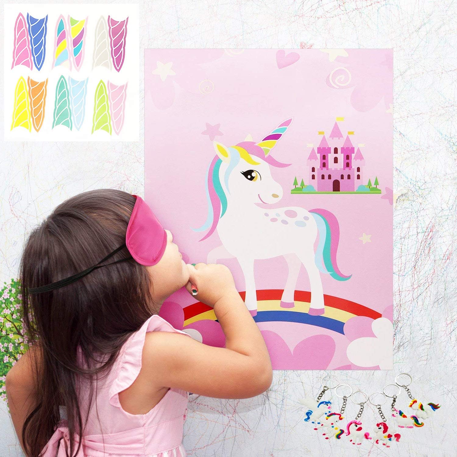 Pin the Horn on the Unicorn Party Games with Rewards Unicorn Gifts for Girls Game Include a Large Poster 12 Reusable Sticker Horns 6 Unicorn key chains Good for any kids party