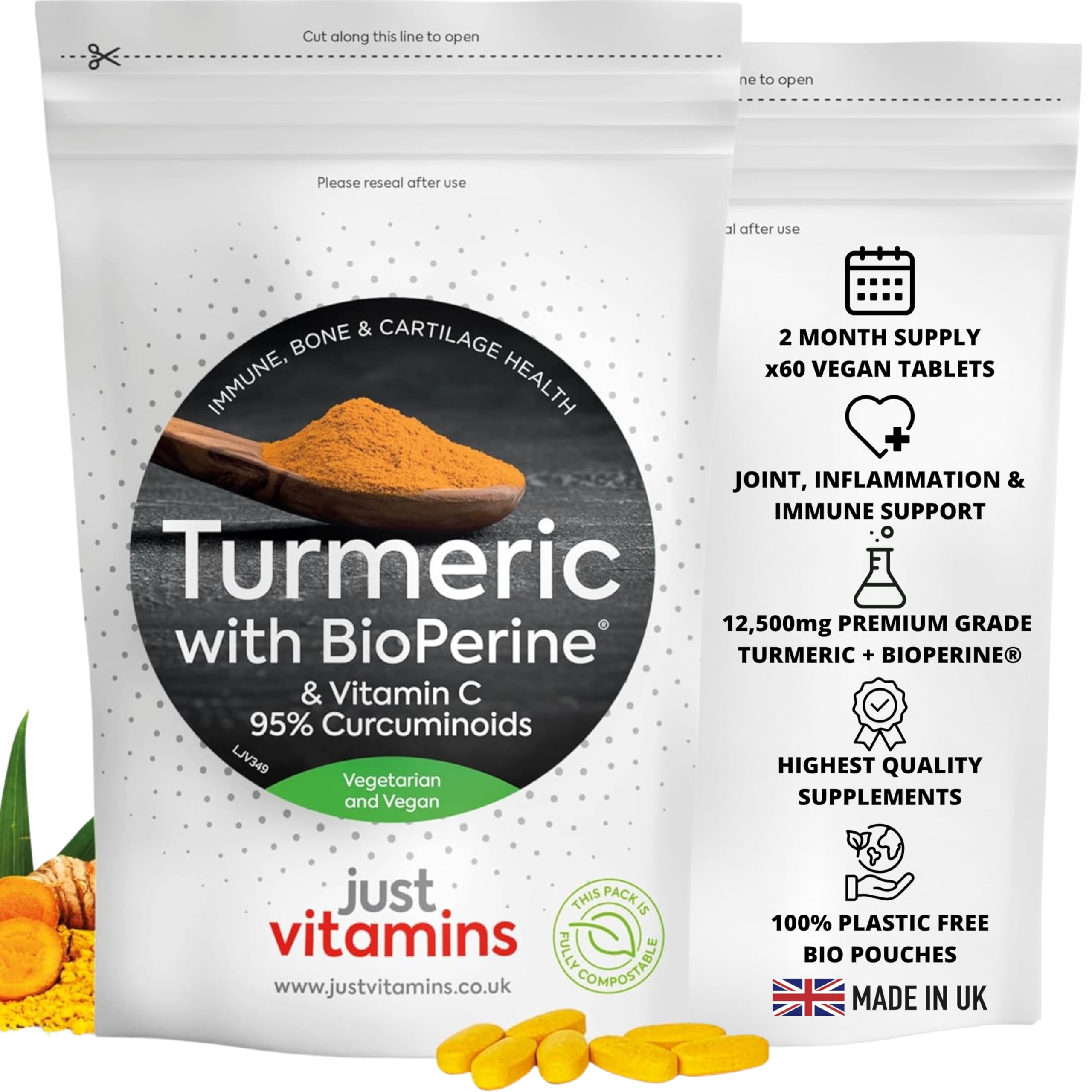 Turmeric Tablets | 12,500mg + Black Pepper BioPerine®, 475mg Curcuminoids & Vitamin C | 60 Vegan Tablets | Joint, Inflammation & Immune Support | UK Made - Just Vitamins