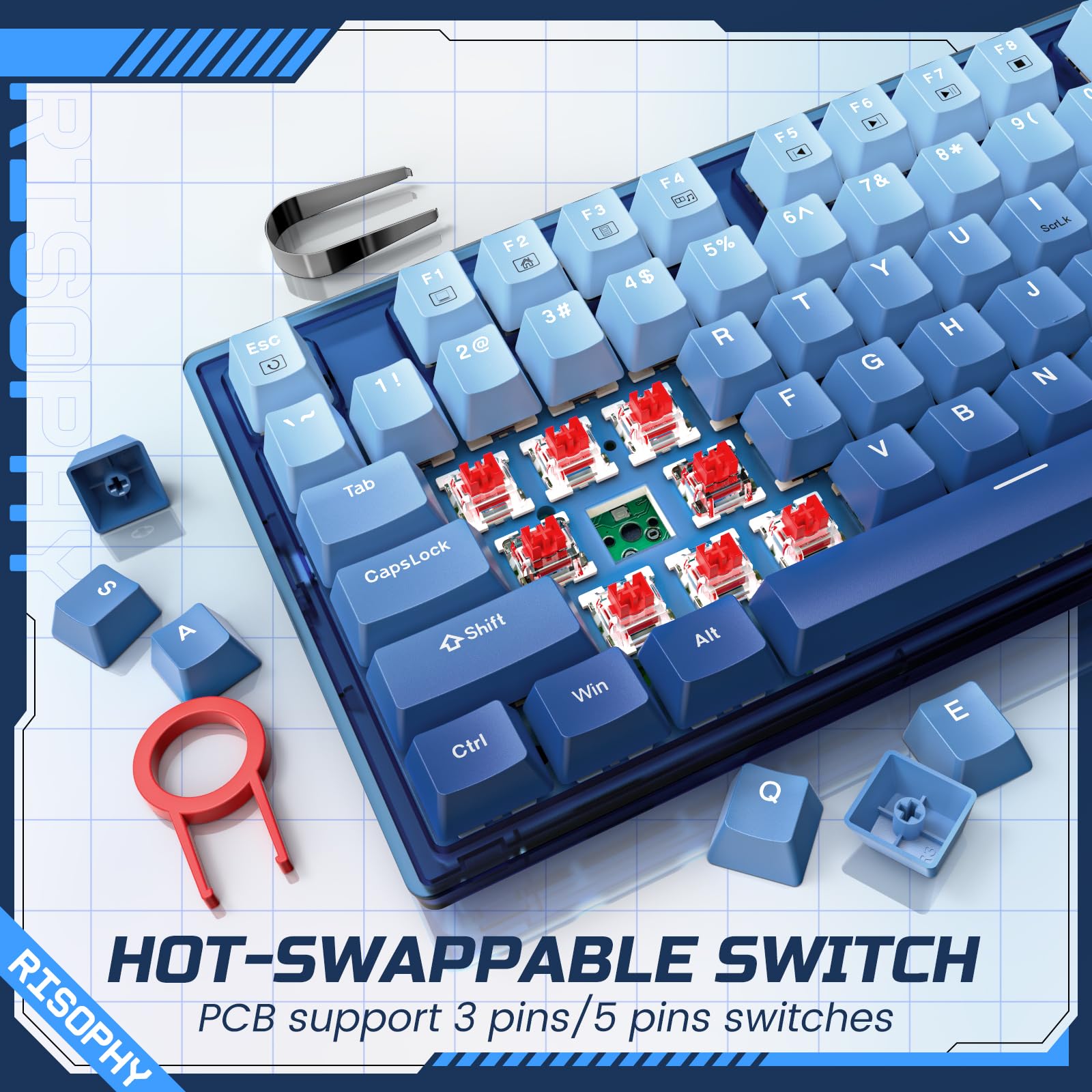 RisoPhy 60 Percent Mechanical Gaming Keyboard - 82 Keys Hot Swappable, Linear Silent Red Switches, Blue PBT Keycaps, Compact Mini RGB Backlit Wired Creamy, Pro Driver Supported