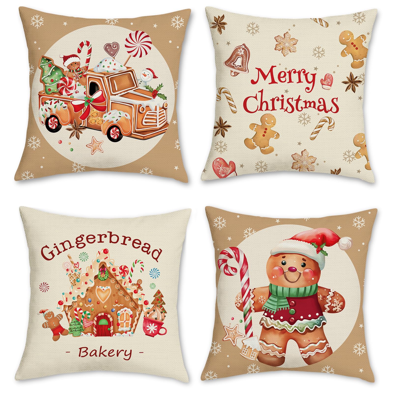 Bonhause Christmas Gingerbread Cushion Covers 45 x 45 cm Man House Truck Xmas Bakery Decorative Throw Pillow Covers Polyester Linen Pillowcases for Sofa Bed Winter Holiday Decor Set of 4
