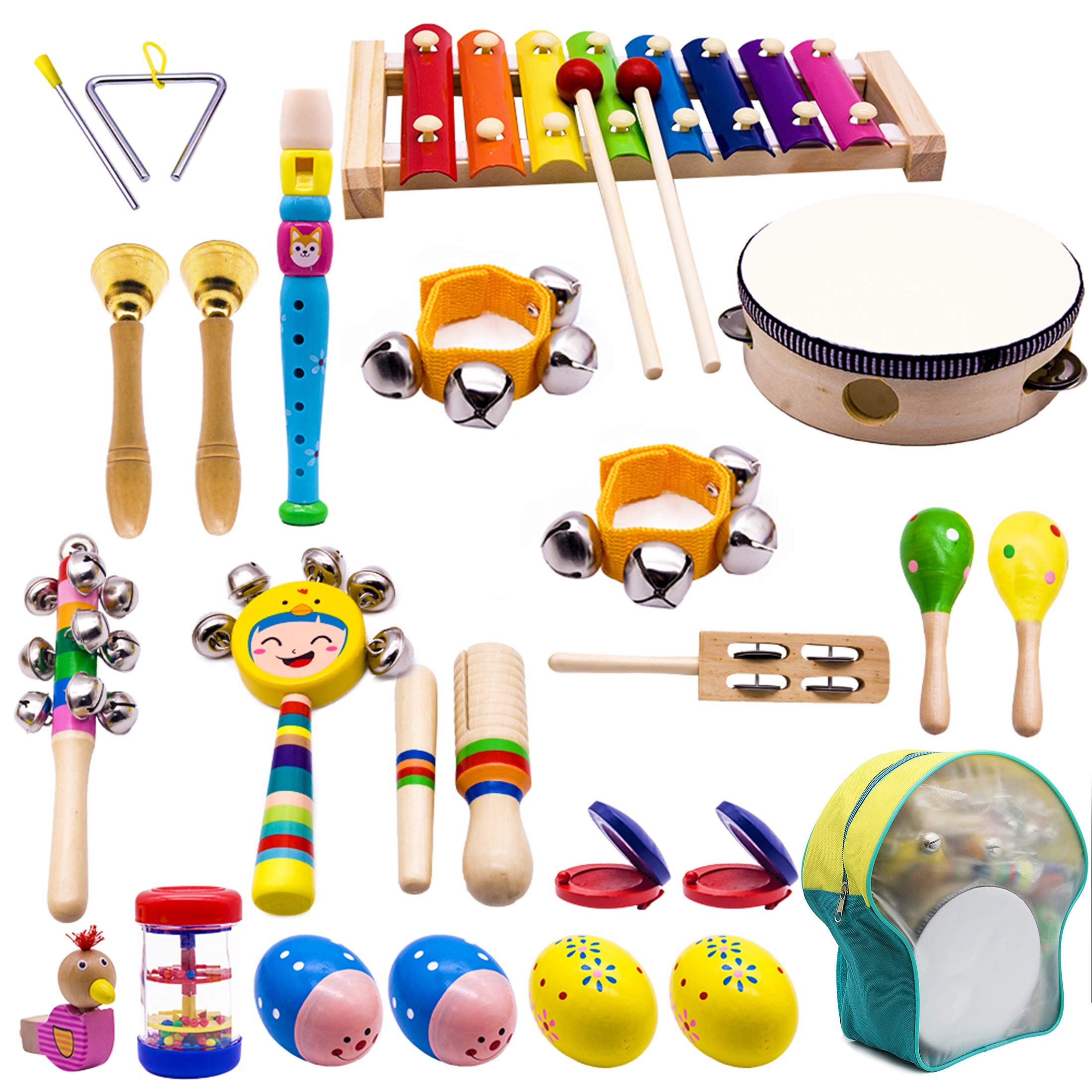 ATDAWN Kids Musical Instruments, 15 Types 22pcs Wood Percussion Xylophone Toys for Boys and Girls Preschool Education with Storage Backpack