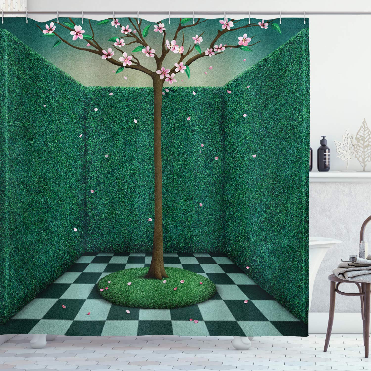 ABAKUHAUS Mural Shower Curtain, Japanese Pink Cherry Blossom Tree Surrounded by Outdoor Garden Maze Inspired Graphic, Cloth Fabric Bathroom Decor Set with Hooks, 78 Inches, Multicolor
