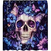 CCNSTMS Sugar Skull Shower Curtain Gothic Halloween Blue Purple Floral Butterfly Spooky Skeleton Horror Hippie Holiday Bathroom Curtains Decor with Hooks