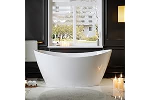 Empava Freestanding Bathtub, Acrylic Soaking Tub with Brushed Nickel Drain & Overflow – Modern Standalone Shower Tub, Non-Slip Flat Bottom Design, Glossy White, 59 Inch,cUPC Certified