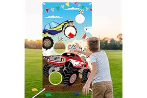 BeYumi Monster Truck Toss Game Banner with Bean Bags Checkered Party Game for Indoor Outdoor Activities 4 Score Holes Monster Truck Theme Birthday Party Supplies for Kid Adult