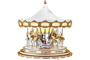 Mr. Christmas Animated Musical White and Gold Carousel Christmas Decoration, LED Lights, Plays 20 Holiday Songs, 17 Inches