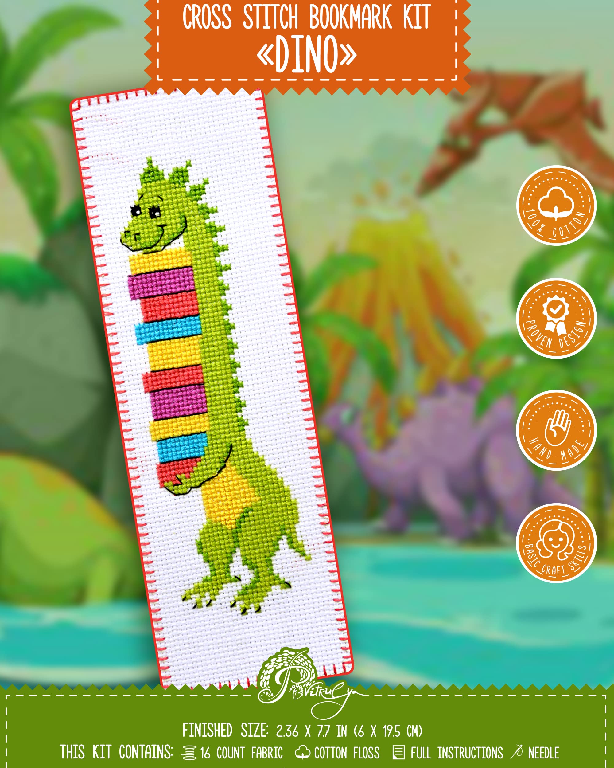 Povitrulya Counted Cross Stitch Kit - DIY Kits for Adults or Kids - Funny Embroidery Bookmark - Easy to Use - Craft Collection - T-Rex Dinosaur