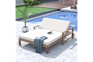 XD Designs Acacia Wood Outdoor Patio Daybed Sunbed with Movable Wheels, All Weather Chaise Lounges Reclining with Adjustable Backrest for 2 People (Beige-C2)