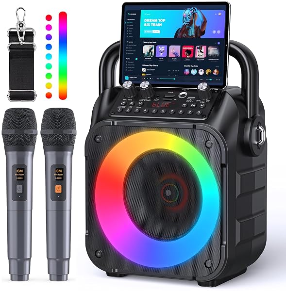 KARAOKE MACHINE, PORTABLE BLUETOOTH SPEAKER WITH 2 WIRELESS...