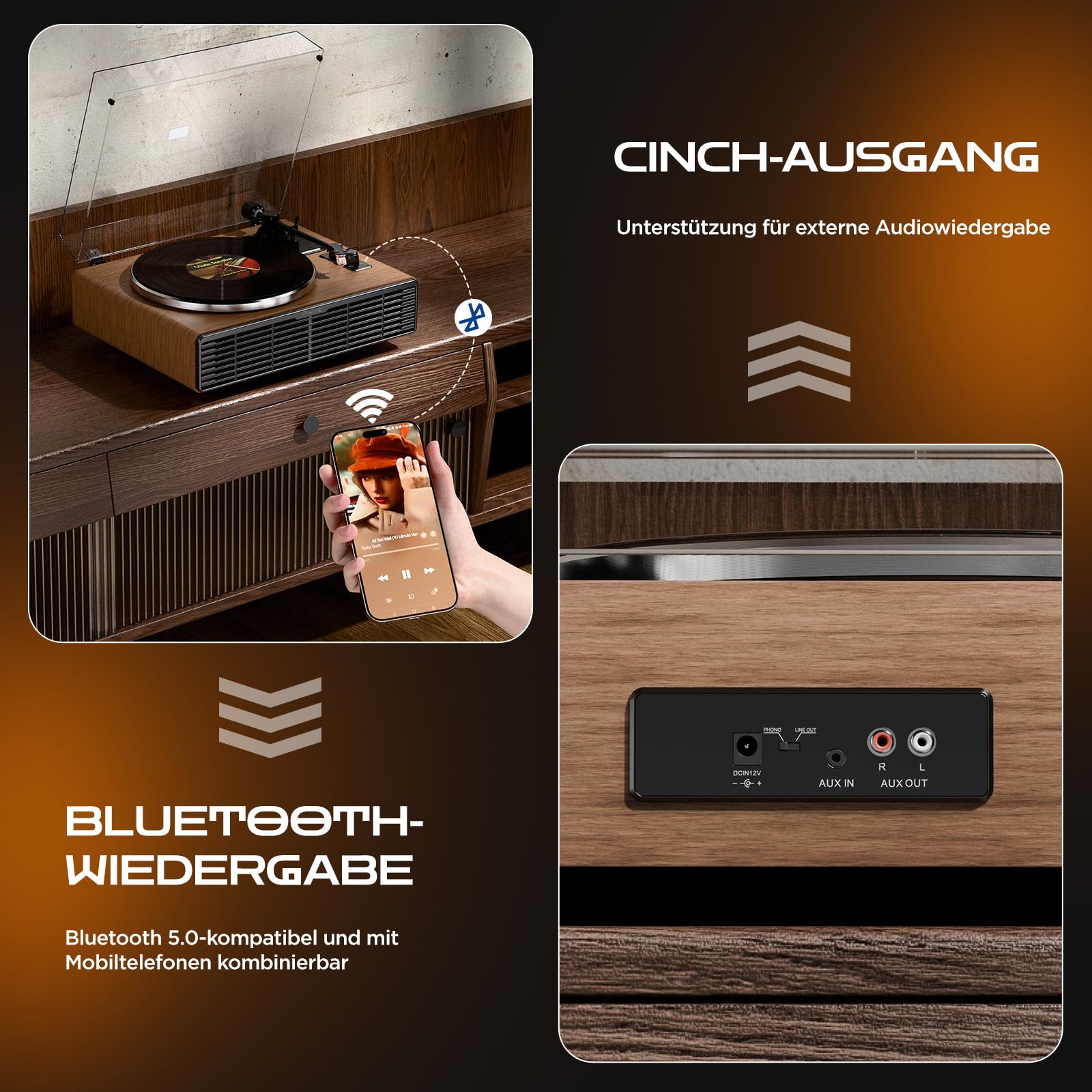 Schallplattenspieler mit Integrierten Lautsprecher, Plattenspieler Bluetooth HiFi mit Zwei Geschwindigkeiten, Phono-Vorverstärker 33/45 U/min und AT-3600L Tonabnehmer (Nussbaum) 4