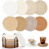 Coasters Set of 8 for Drinks with Holder, Absorbent Coasters,Boho Woven Coaster Set for Living Room Decor,Tabletop Protection Suitable for Drinks,Beer, Coffee