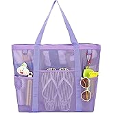 Fammart Mesh Beach Bag with Zipper, Large Beach Tote for Women, Toys Pool Swim Bag Travel Vacation Cruise Essentials