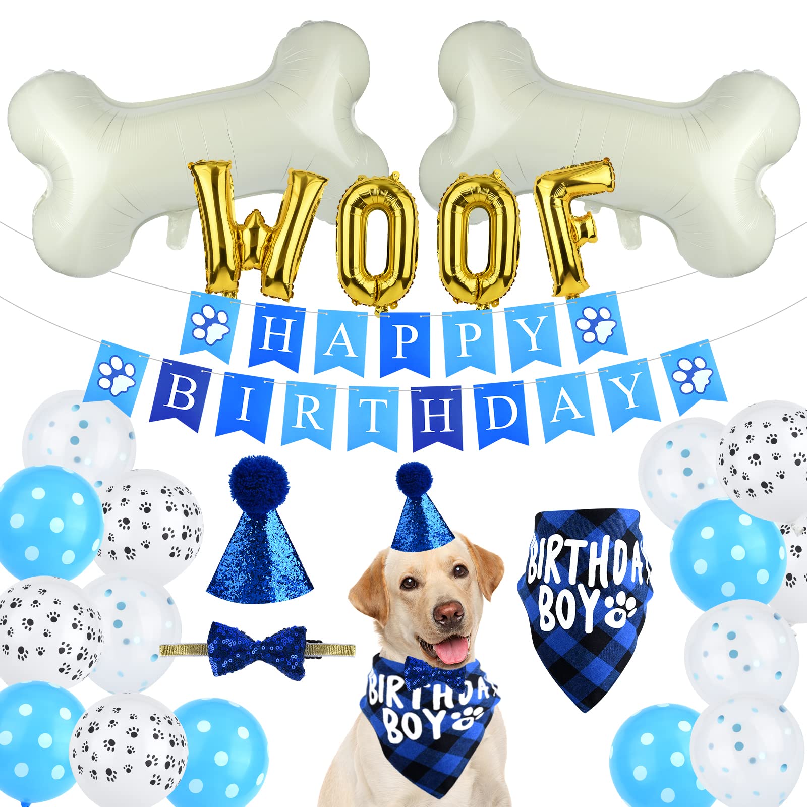 ASTARON Pet Dog Party Supplies - Blue Boy Dog Birthday Hat Bandana with Bone Balloons Puppy Birthday Banner