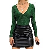 BelleLovin Womens Long Sleeve Bodysuit Solid Color Sexy V neck Slim Elastic Glitter Body suits tops Clubwear