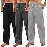 Wenouy 3 Pack Mens Cotton Pajama Pants, Lightweight Lounge Pj Bottoms for Men Soft Sleep Pants with Pockets & Drawstring
