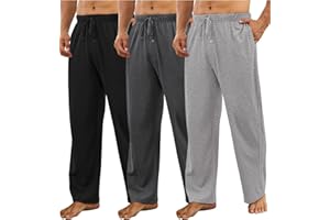 Wenouy 3 Pack Mens Cotton Pajama Pants, Lightweight Lounge Pj Bottoms for Men Soft Sleep Pants with Pockets & Drawstring