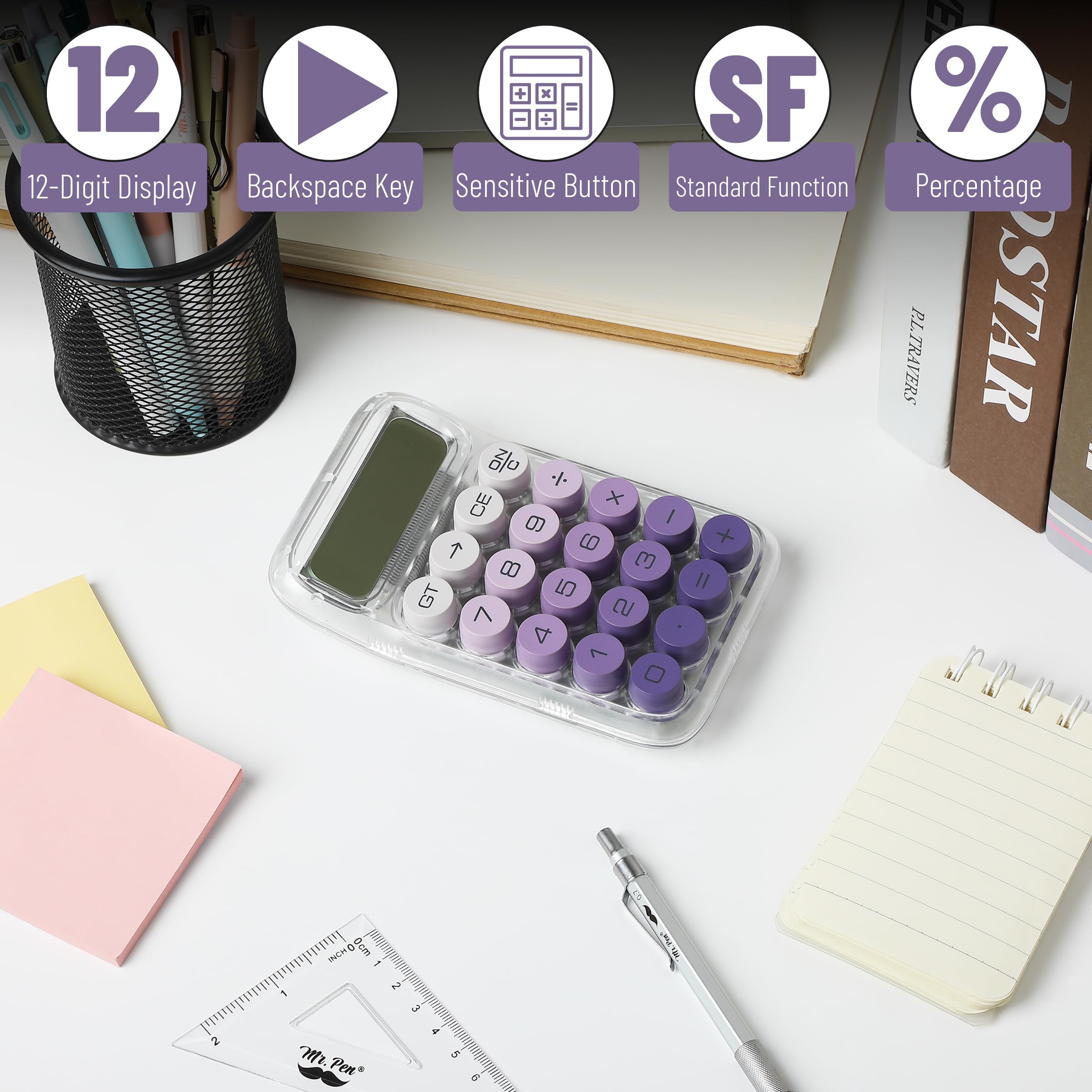 Mr. Pen- Mechanical Switch Calculator, 10 Digits, Purple, Transparent Body, Large LCD Display, Big Buttons, Desktop, Cute, Aesthetic