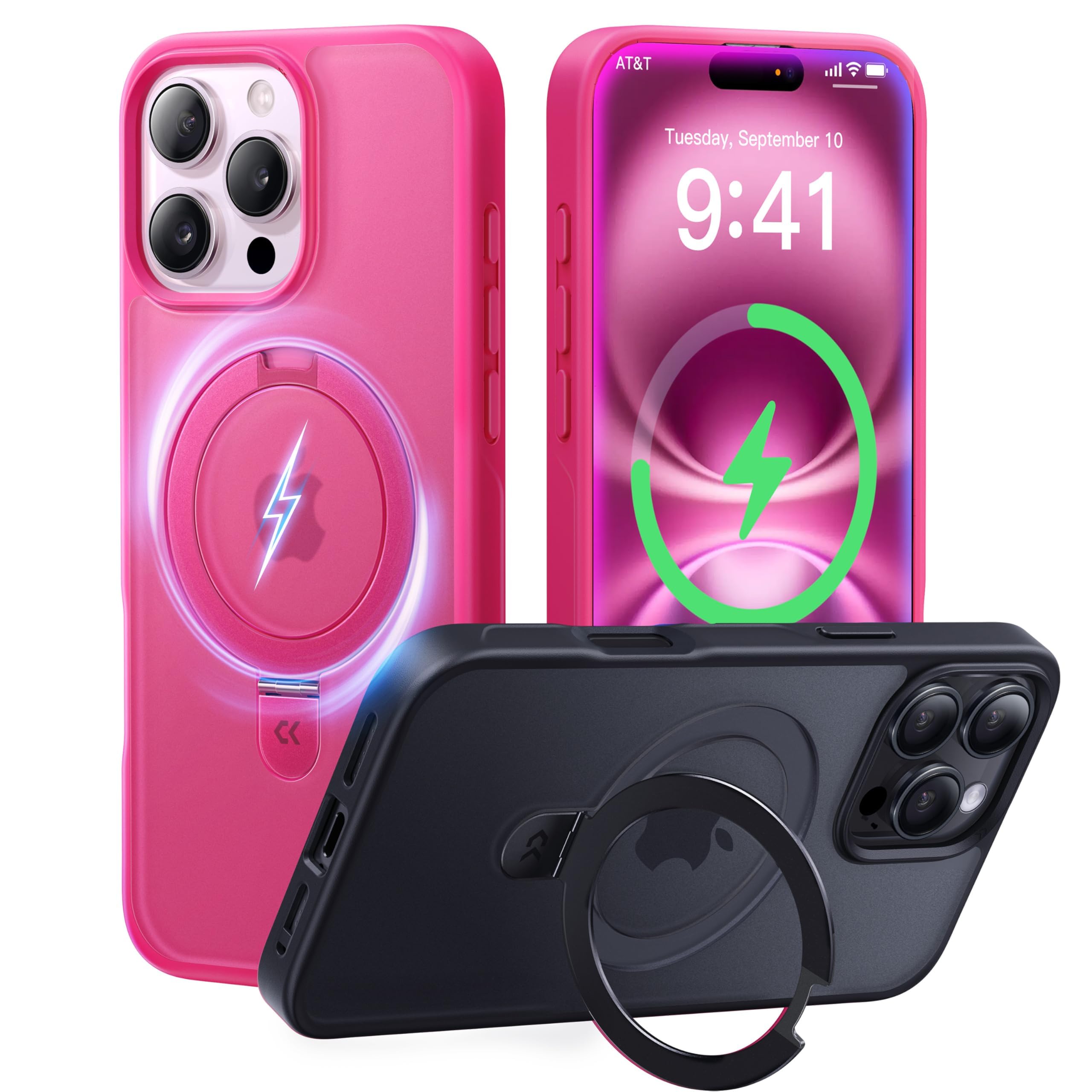 Photo 1 of CASEKOO Designed for iPhone 16 Pro Case with Magnetic Invisible Stand [Military Drop Protection] [Compatible with MagSafe] Shockproof Slim Translucent Matte Case 6.3 Inch, Hot Pink