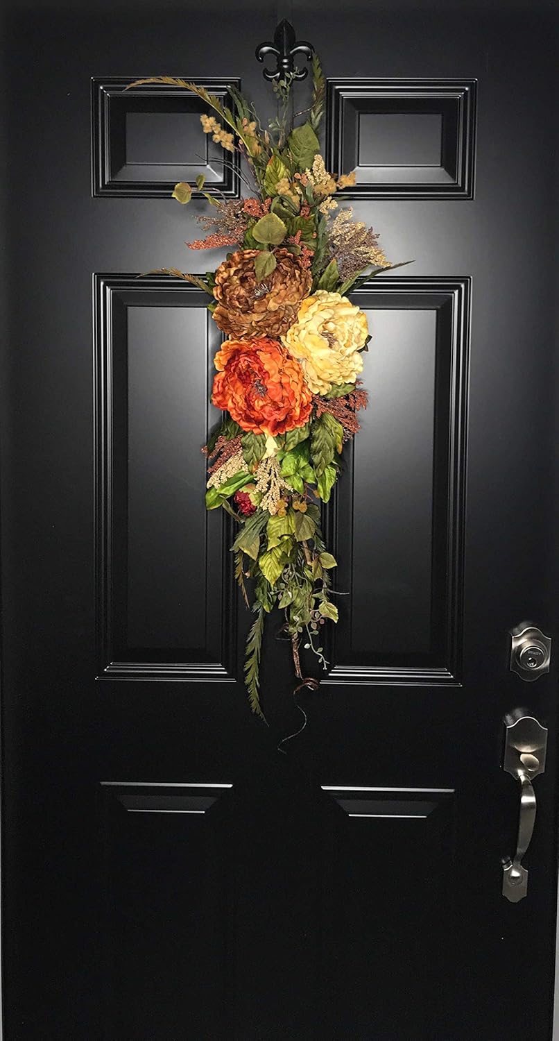 Elegant Fall Peony Teardrop Swag Wreath for Front Door Thanksgiving