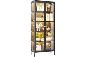 VCGGAIP Metal Display Cabinet with Glass Doors,5-Tier Curio Cabinet with Adjustable Shelves,21 DIY Color Lights Display Cases for Plant, Book Bathroom, Living Room, Collectibles Figure