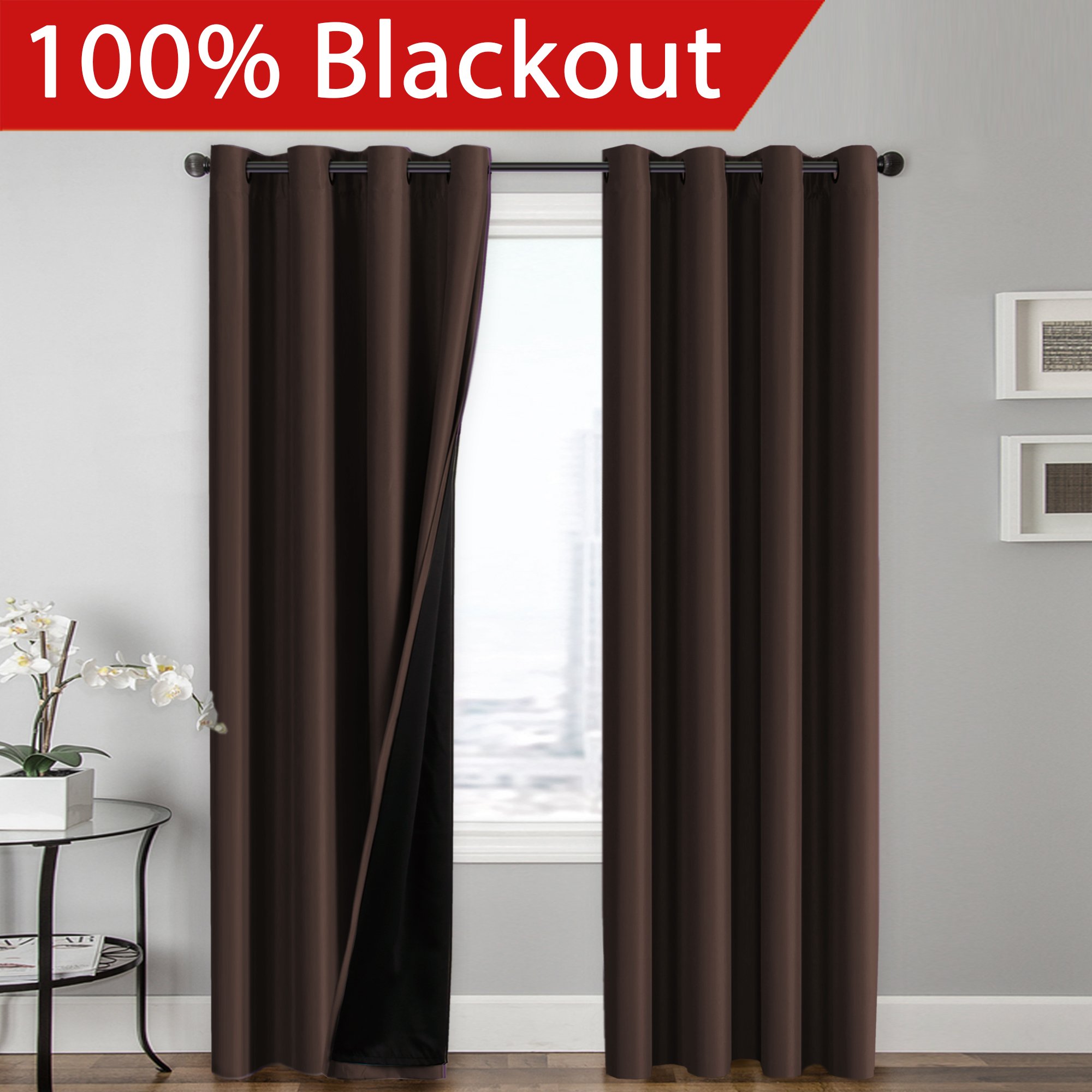 Flamingop Full Blackout Brown Curtains Faux Silk Satin With Black