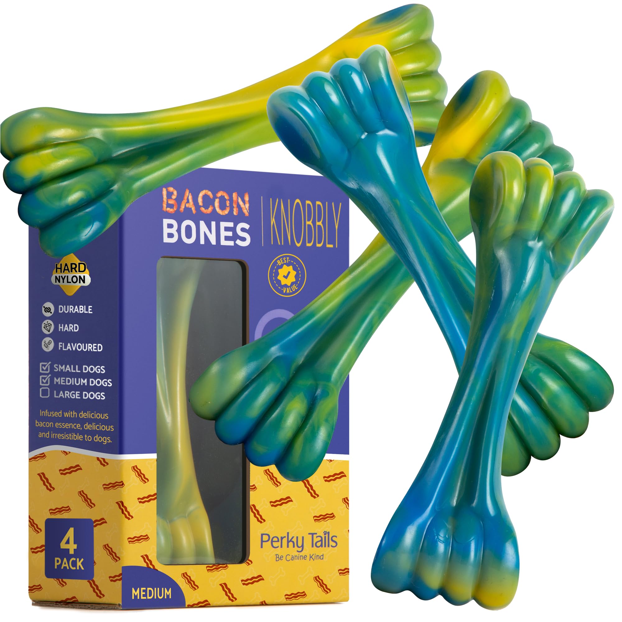 Perky Tails – Almost Indestructible Dog Toys for Small to Medium Dogs – Plastic Dog Dogs for Aggressive Chewers, Made from Hard Nylon with Delicious Bacon Flavour, 4-Pack