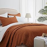 SunStyle Home King Quilt with 2 Pillow Shams, King Size Quilt Bedding Set Brunt Orange Lightweight Bedspread Soft Reversible Coverlet for All Season 3pcs Leaf Embroidered Quilted Bed Sets(106"x96")