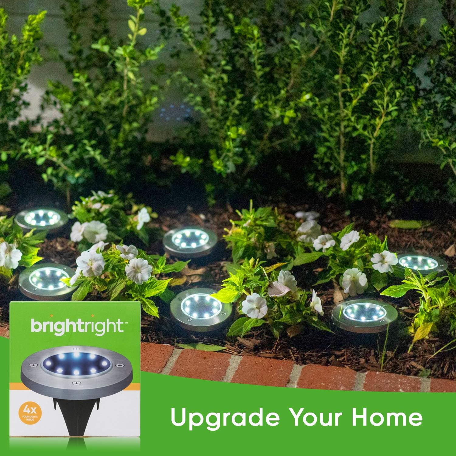 BRIGHTRIGHT - Outdoor Solar Disk Lights (4-Pack) 8 White LED, Waterproof Landscape Lighting for Yard, Garden, Patio, Lawn, Deck, Pathway, Driveway - Dusk to Dawn - - 