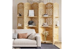 SVIMI Room Divider with Shelves, 5.75ft Tall Folding Wood Carved Screen with Double Hinges for Home Office Bedroom Hotel Decoration (6 Panels, Natural)