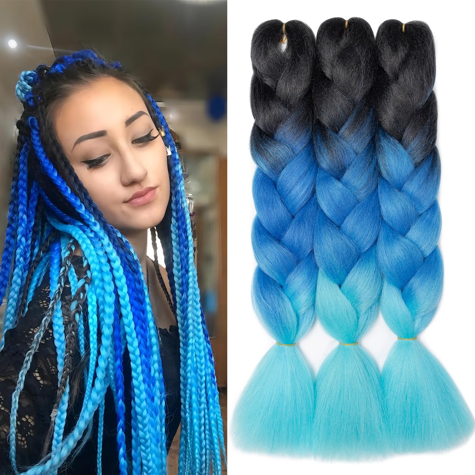 Dcbaboo Jumbo Braiding Hair Extensions 3 Packs 24 Inch Synthetic Kanekalon Ombre Afro Crochet Braids Twist Hair 300g, Black-Royal Blue-Sky Blue — image 1