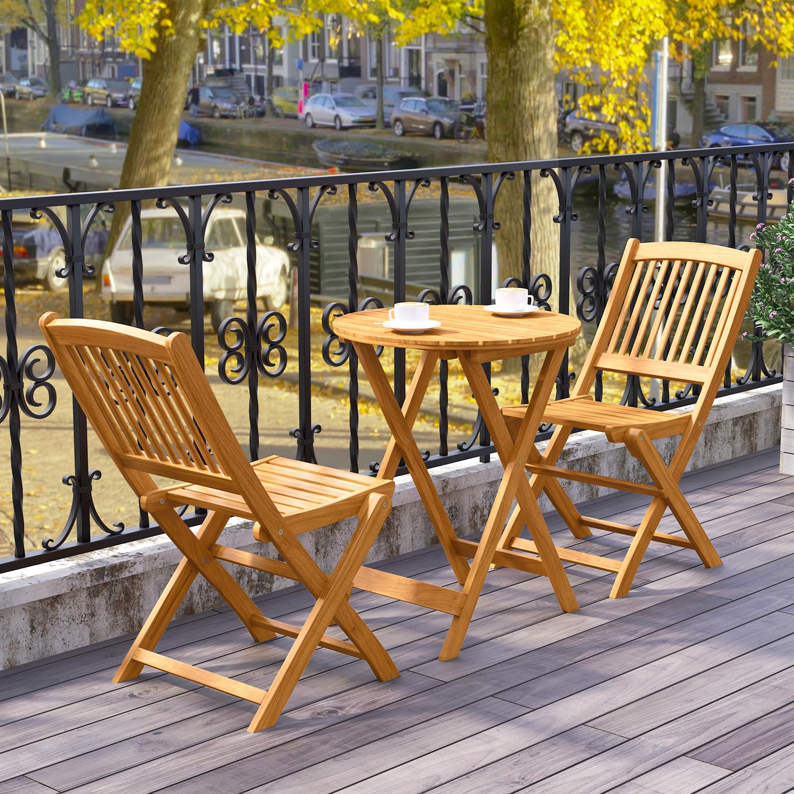 COSTWAY 3tlg. Balkonmöbel Set, Bistrotisch mit 2 Stühlen, klappbares Balkonset aus Akazienholz mit 2 Kissen, Bistroset, Gartengarnitur, Gartenmöbel, Sitzgarnitur, Sitzgruppe für Garten, Balkon (Beige) 9