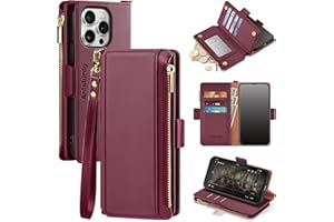 Antsturdy Compatible with iPhone 15 Pro Max Wallet Case,【RFID Blocking】 PU Leather Phone Case Women Men with Card Holder Flip Cover Wrist Strap Zipper Credit Card Slots for Apple 15 Pro Max,Wine Red