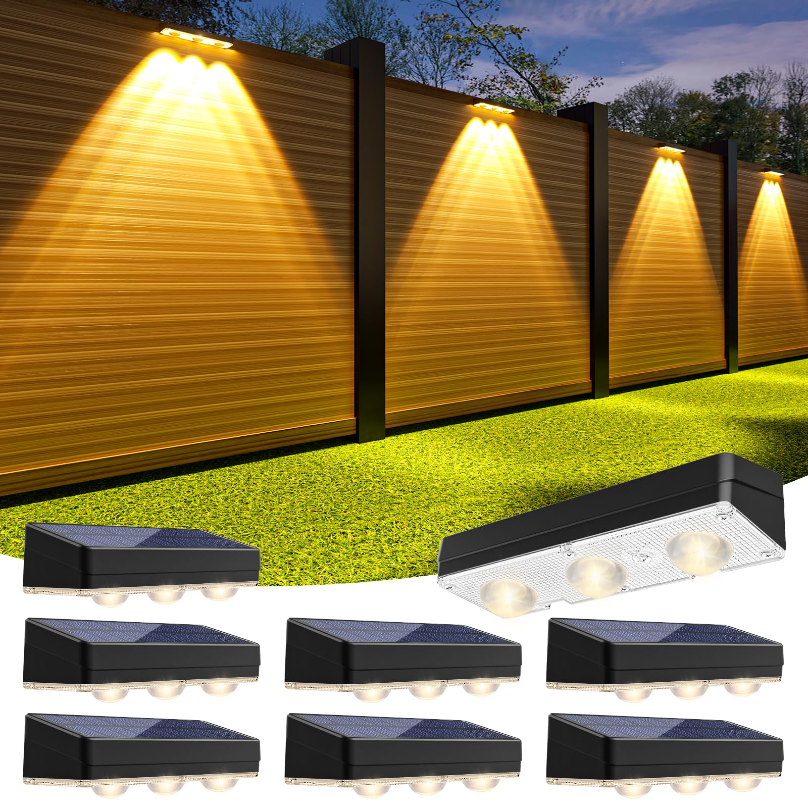 Photo 1 of JOFIOS Solar Fence Lights Outdoor,1300mAh,Warm/Natural/Cool White,IP65 Waterproof,6 inch Fence Lights Solar Powered,Solar Lighting for Deck, Backyard, Railing(8Pack Black)