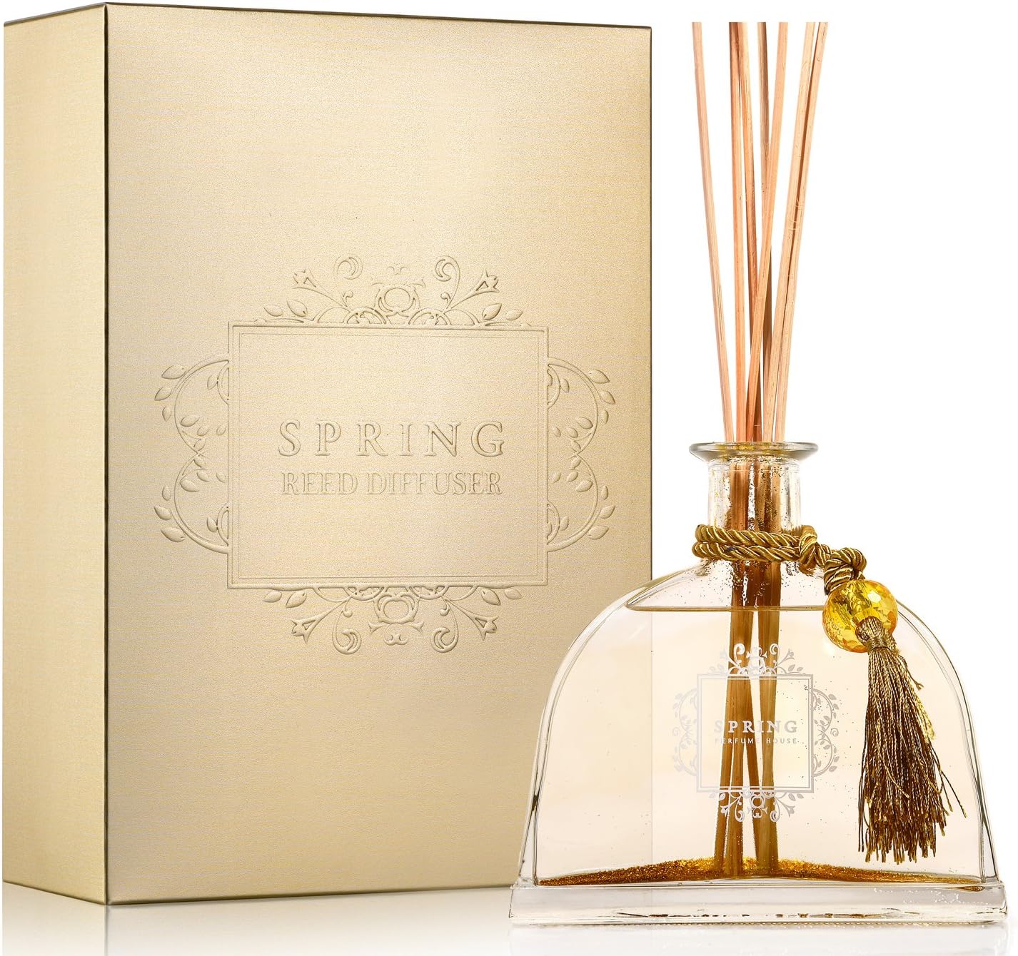 Spring Scented Fragrance Oil Reed Diffuser & Room Air Freshener Home | 11.5oz (Gold Flakes, White Flower)
