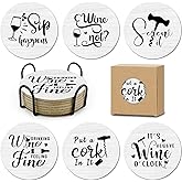 HSSPIRITZ Funny Sayings Cork Coasters for Drinks Absorbents with Holder 6 Pcs Gift Set,Wine Lovers Gifts,Unique Present for Housewarming,Living Room Decor,Kitchen Decor Accessories.