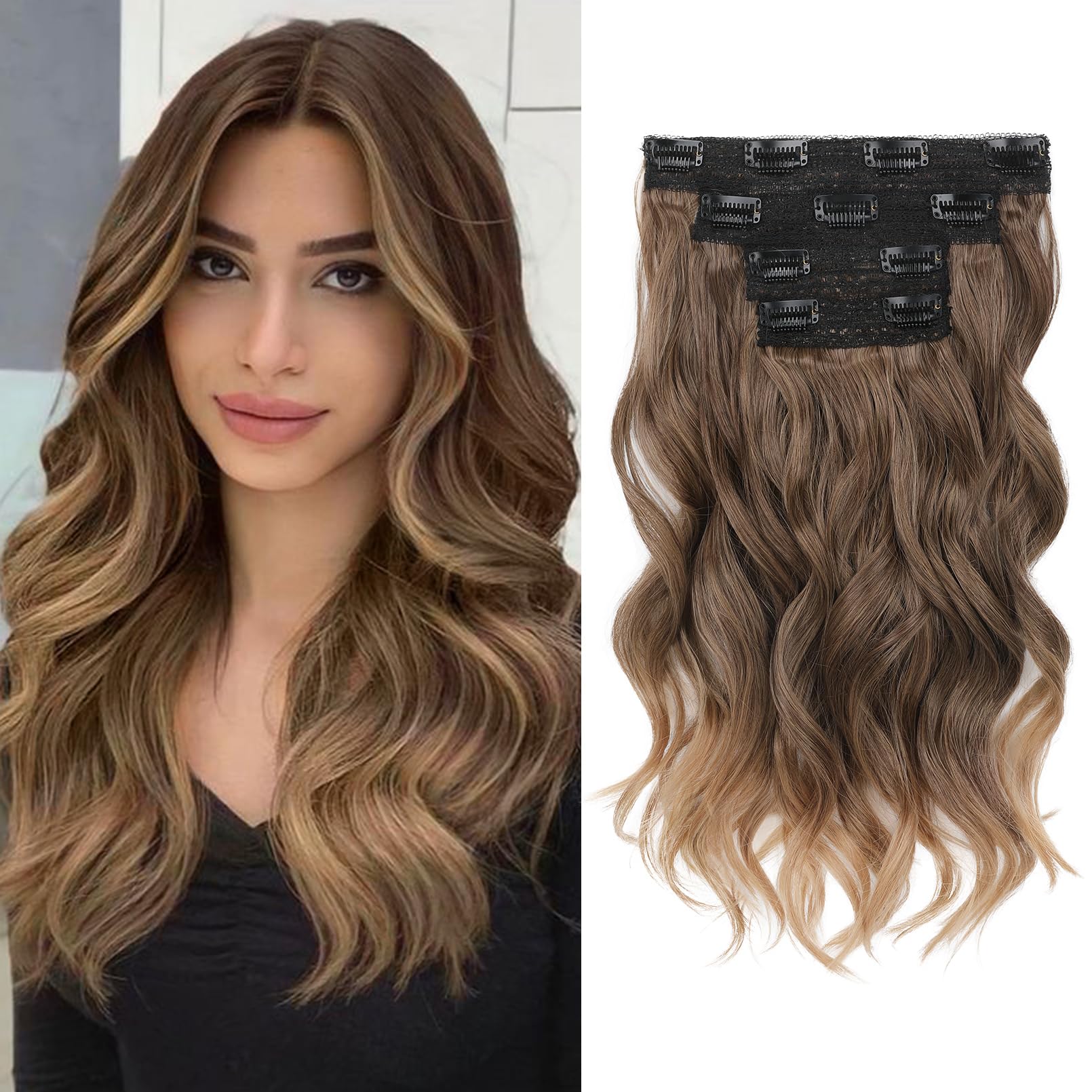 Photo 1 of REECHO Clip in Hair Extensions - 14" Short Beach Wavy Hairpieces with Invisible Lace Weft - Natural Soft Hair - Light Brown with Golden Ends