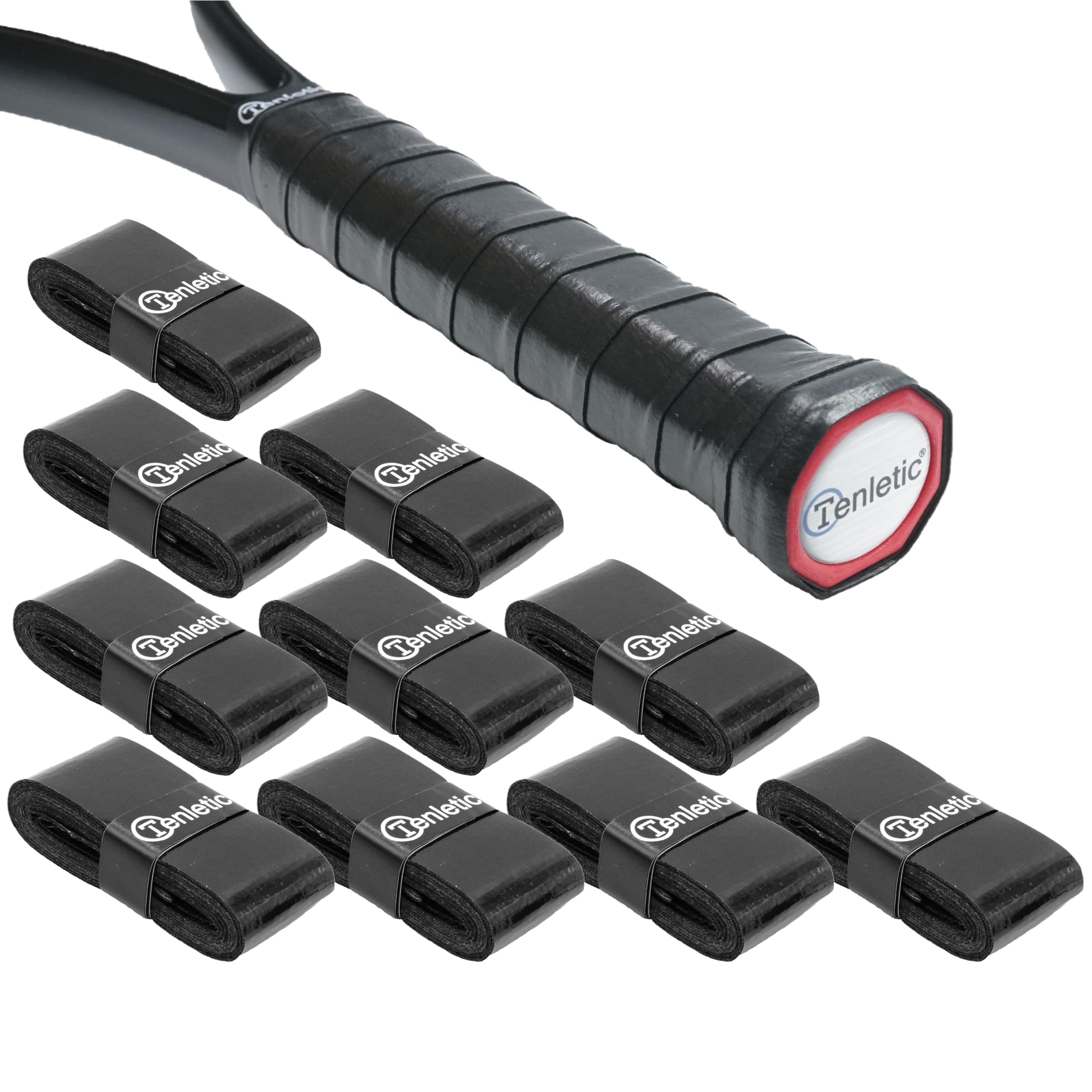 Tenletic Professional Racket Overgrip Tape - 0.55 mm Thickness – Anti Slip Tacky Overgrip Tape for Tennis, Squash, Badminton and Other Racquet Sports (10-Pack Black)