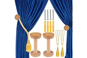 Boho Curtain Holdbacks, 2 Packs Wooden Rattan Tiebacks Wall Mounted & 1 Pairs Tassel Rope Tie-Backs, Decorative Curtains Hold