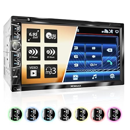 XOMAX XM-2D6904 Autoradio mit 17,7 cm 6,9 Zoll Touchscreen Bildschirm, DVD CD Player, Bluetooth Freisprecheinrichtung, USB, S
