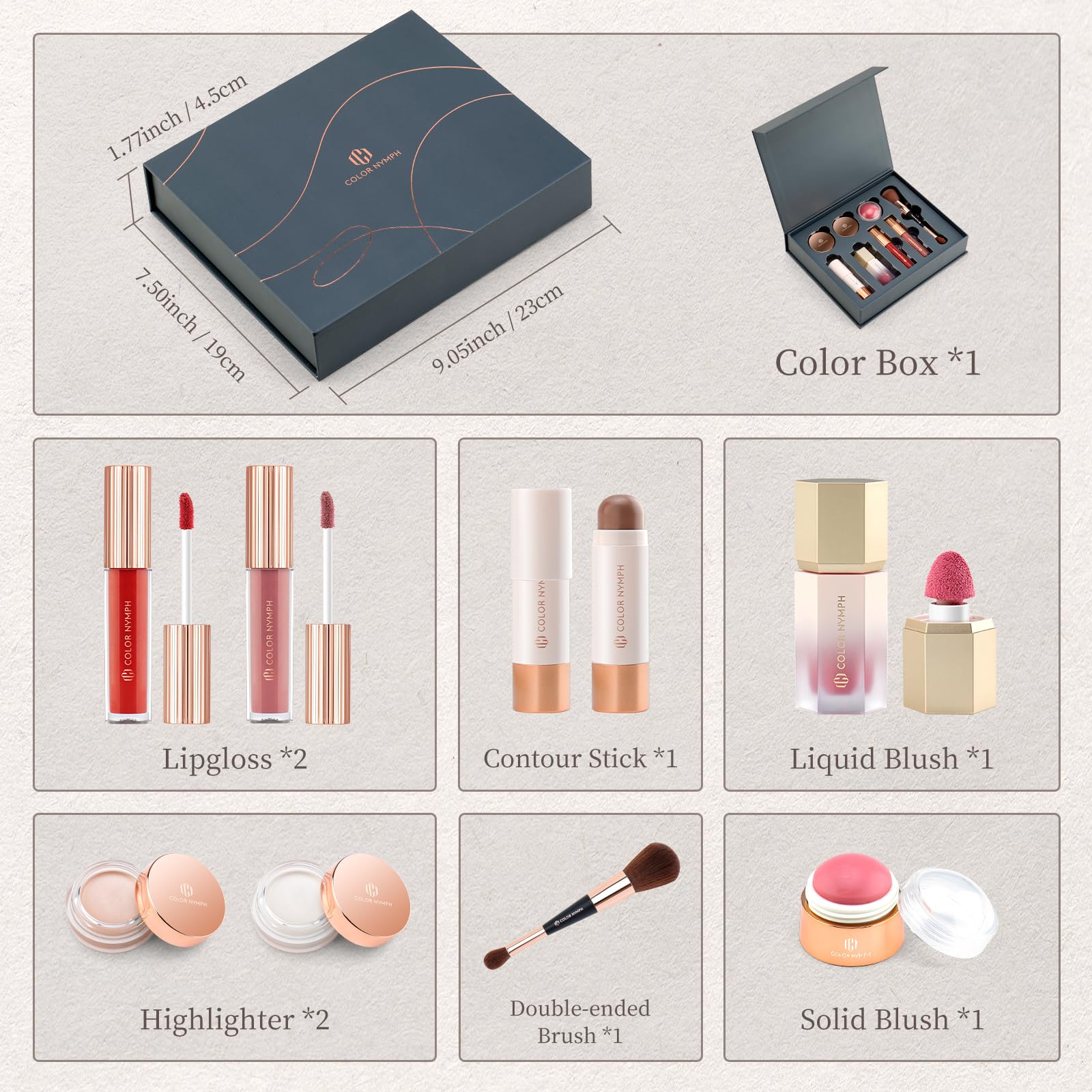 Color Nymph Face Makeup Kits, Makeup Gift Sets For Girls Make up Gift Sets For Women With Lipgloss Liquid Blush Solid Blusher Highlighters Contour Stick and Double-ended Brush -Special Edition